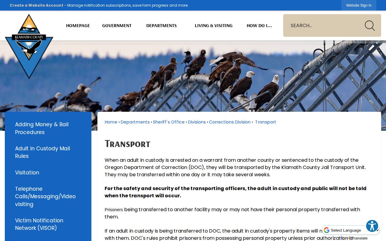 Klamath County Jail release transfer and property rules