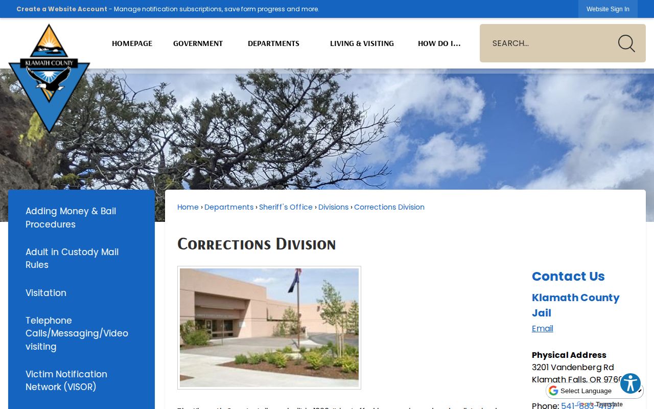 Klamath County Jail adult release records facility page