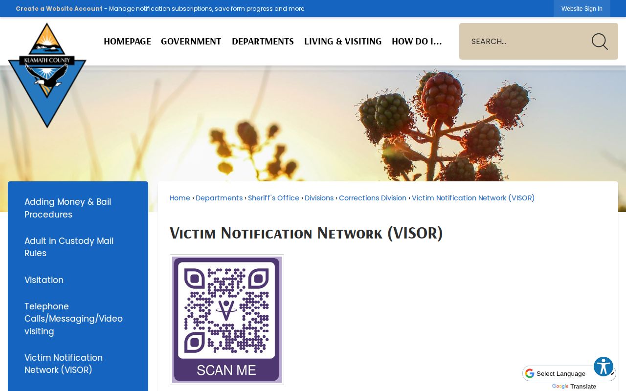 Klamath County VINELink inmate search information on the VISOR page